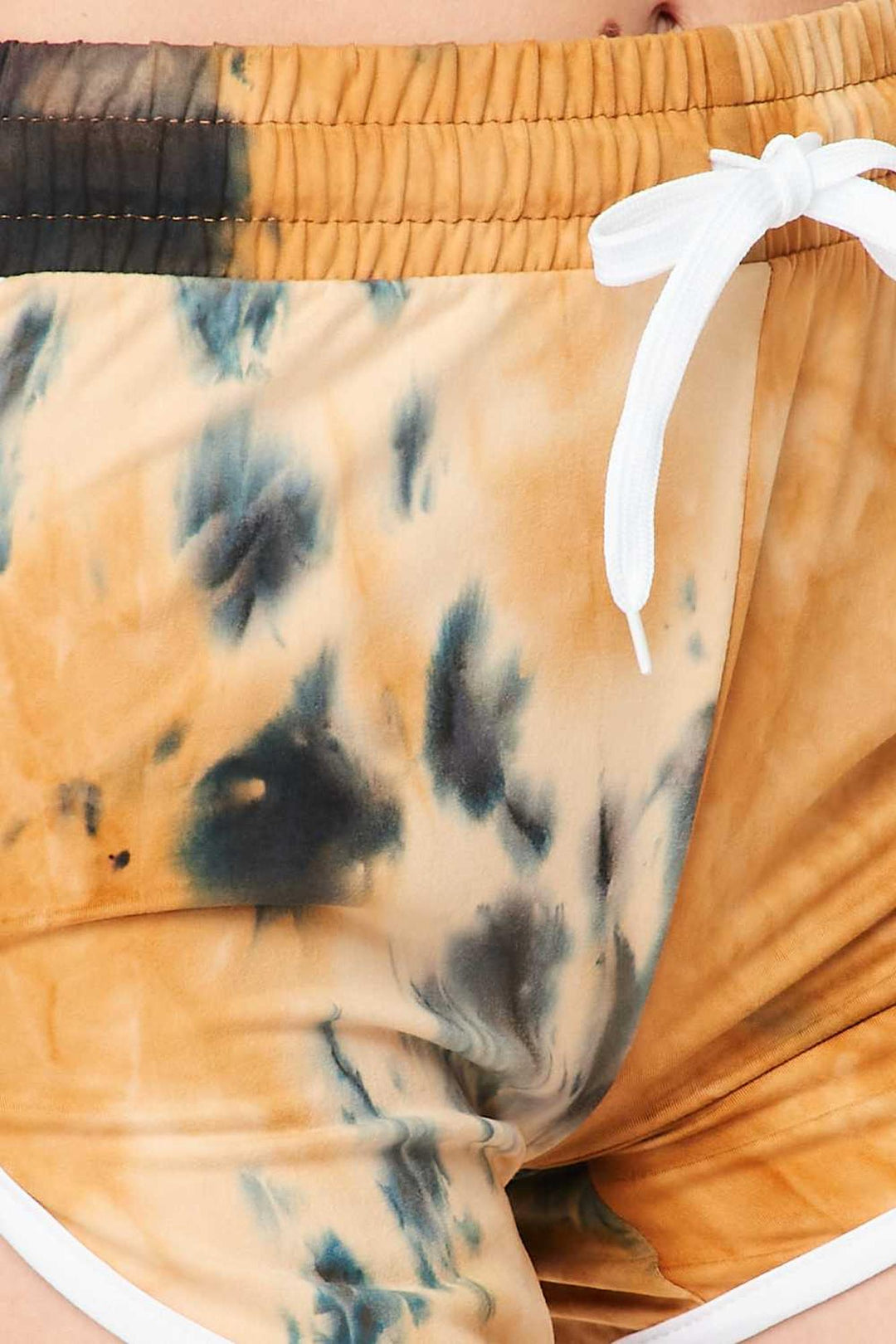 Buttery Soft Camel Tie Dye Side Striped Drawstring Waist Dolphin Shorts