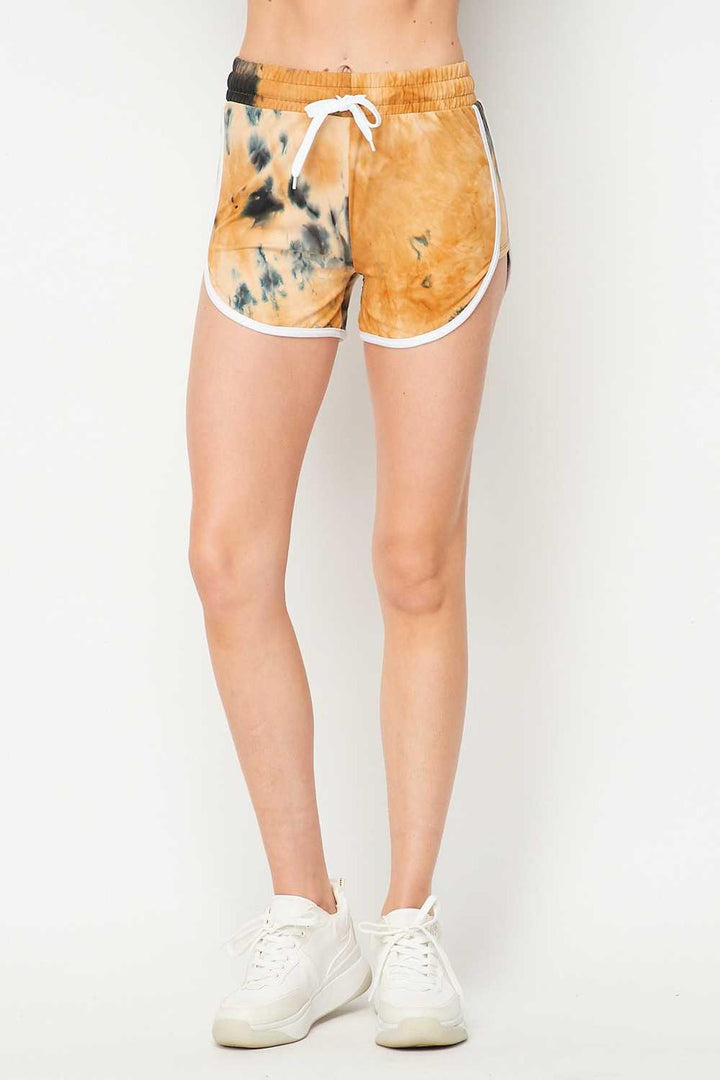 Buttery Soft Camel Tie Dye Side Striped Drawstring Waist Dolphin Shorts