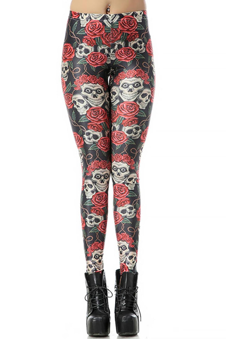 Premium Graphic Rose Skull Leggings Coral Onesize