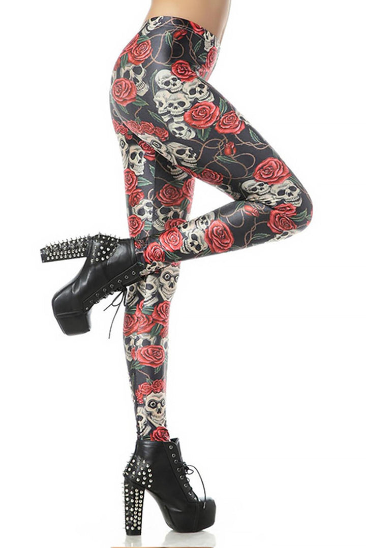 Premium Graphic Rose Skull Leggings Coral Onesize