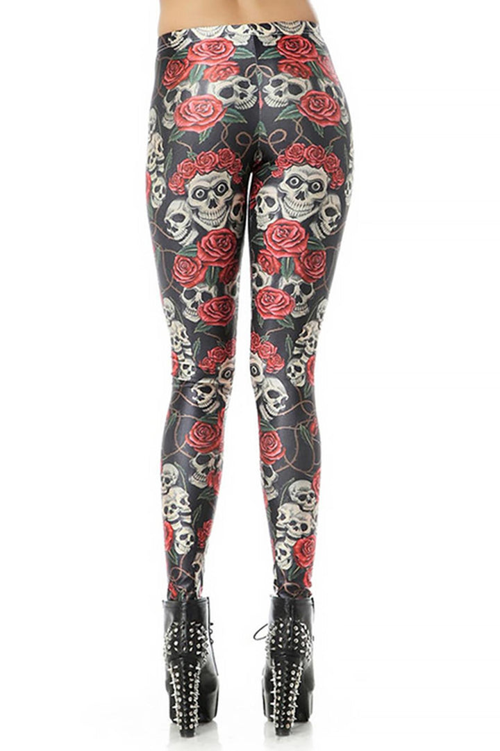 Premium Graphic Rose Skull Leggings Coral Onesize