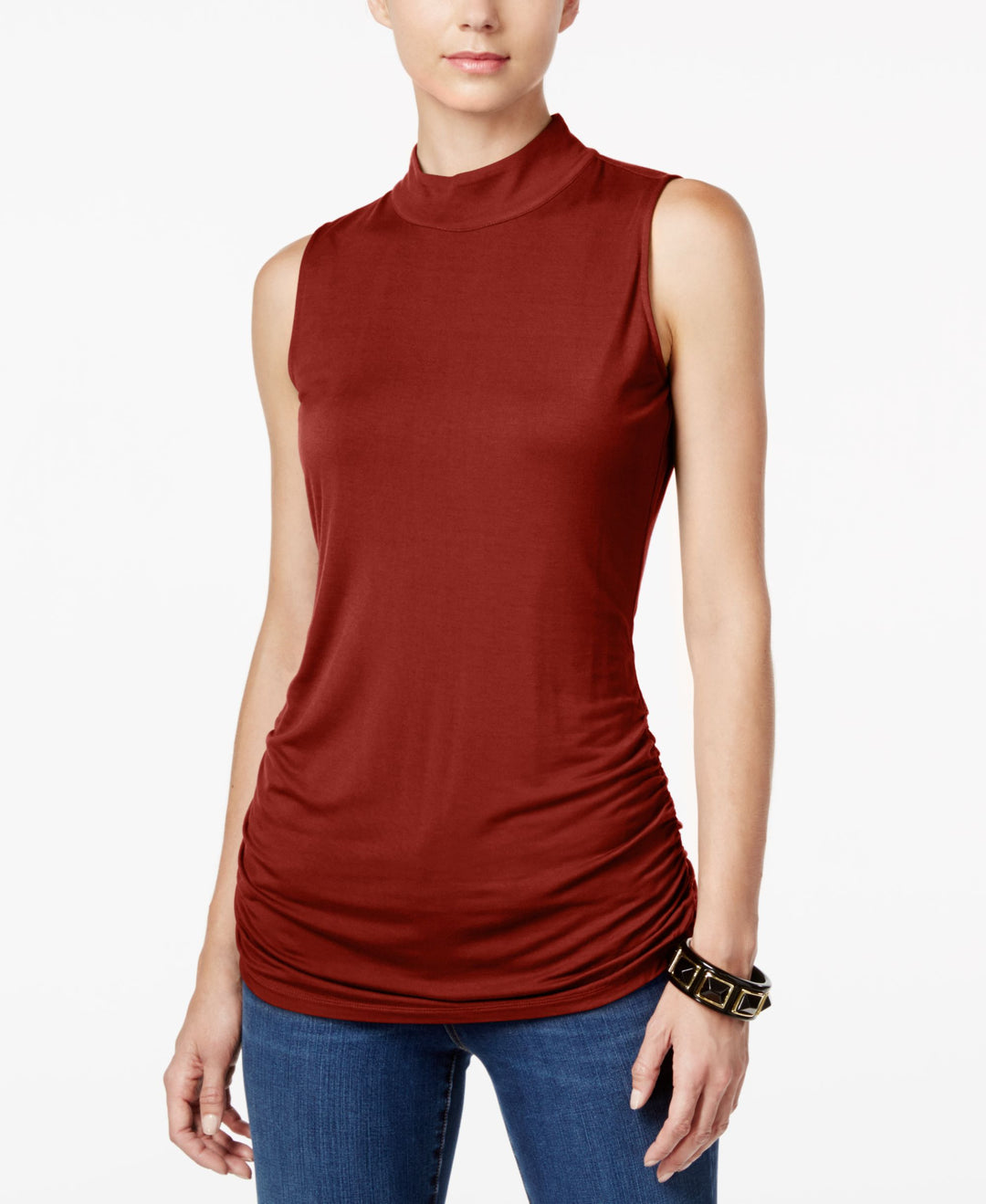 I.N.C. Petite Ruched Mock-Neck Top