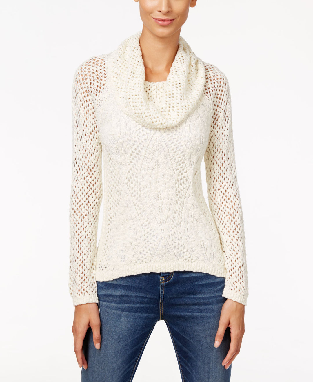 INC International Concepts Petite Metallic Cowl Neck Open Knit Sweater