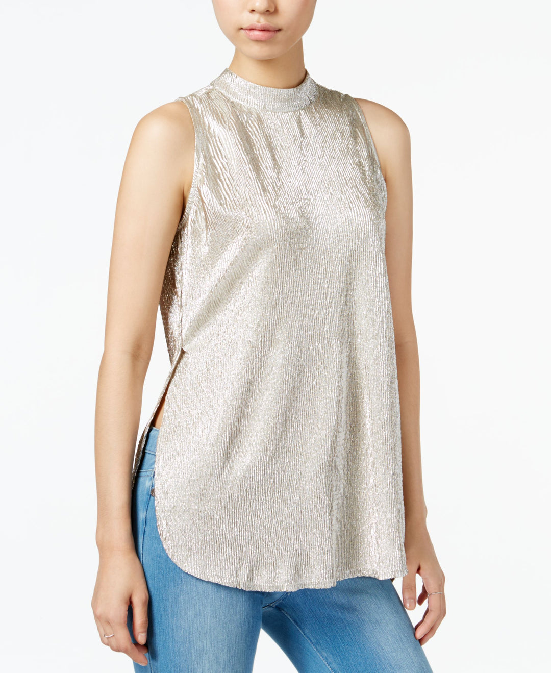Bar III Metallic Mock Neck Top