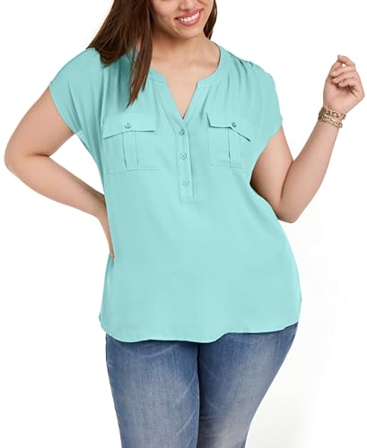 INC International Concepts Plus Size Woven Front V Neck Top