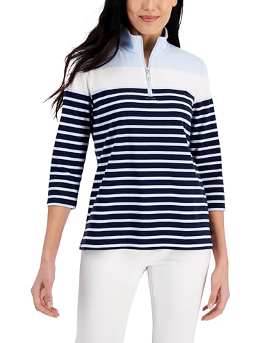 Karen Scott Striped Quarter Zip 3/4 Sleeve Top