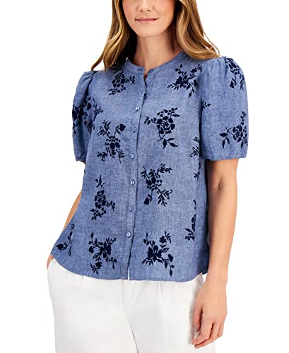 Charter Club Linen Embroidered Puff Sleeve Top