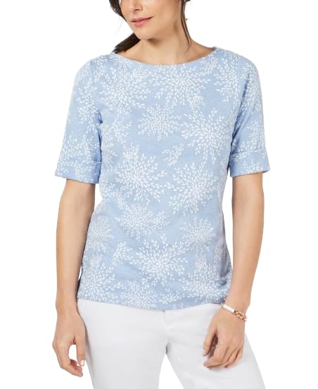 Karen Scott Printed Elbow Sleeve Boat Neck Top