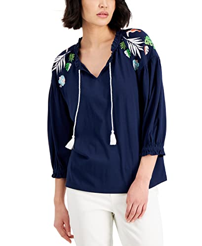 Charter Club Womens Embroidered Peasant Top