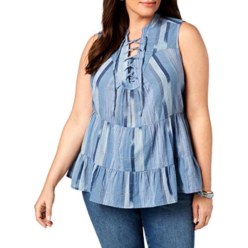 Style & Co Plus Size Cotton Striped Lace Up Ruffled Top