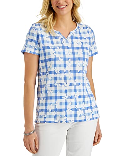 Karen Scott Womens Gingham Blooms Printed Top