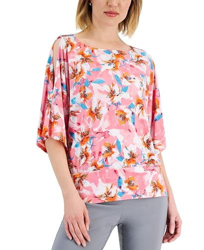 JM Collection Womens Abstract Print Cutout Sleeve Top