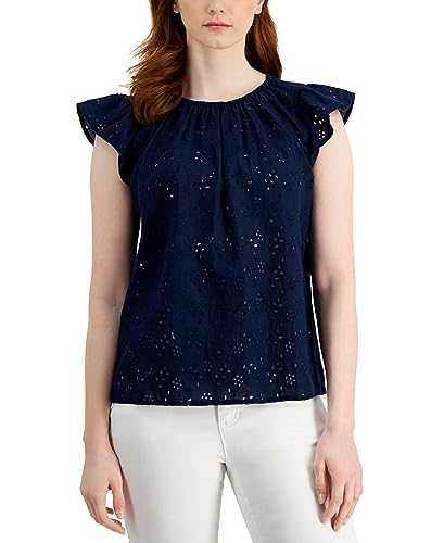 Charter Club Linen Flutter Sleeve Eyelet Top