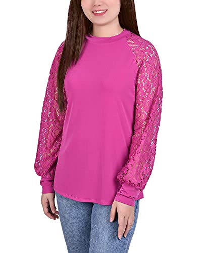 Petite Knit Crepe With Long Lace Balloon Sleeves Top