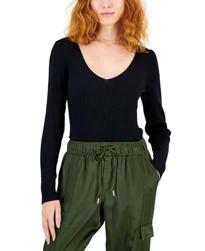 International Concepts Womens Ribbed Puffed Shoulder Sweater