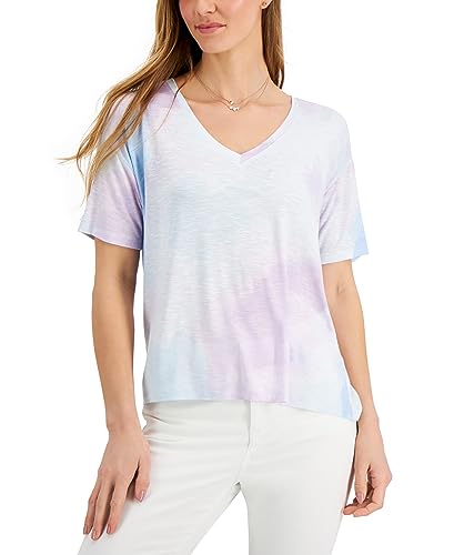 Style & Co Tie Dyed Print Drapey V Neck T-Shirt