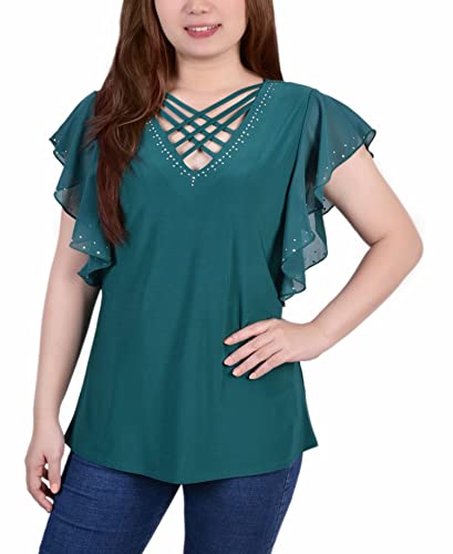 Petite Size Flutter Sleeve Top With Criss Cross Strips