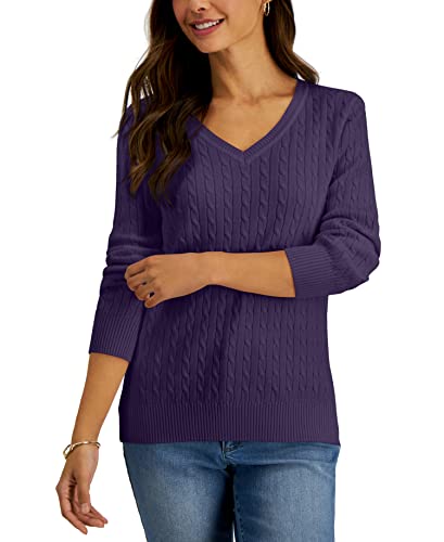 Karen Scott Cable Knit V Neck Cotton Sweater