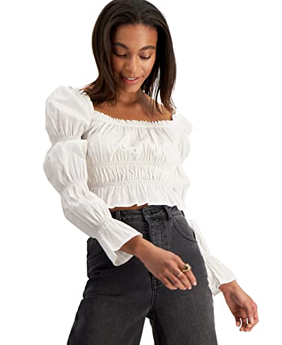 Now This Womens Cotton Ruched Puff Sleeve Top