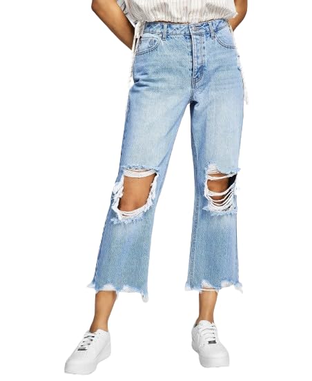 Now This Womens Cotton Ripped Cropped Wide Leg Jeans