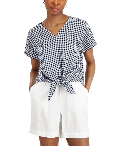 Charter Club Petite Plaid Tie Waist Linen Top