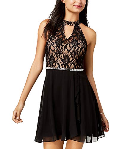City Studios Juniors Embellished Lace Contrast Fit Flare Dress