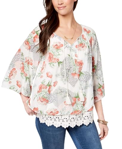 Style & Co Petite Printed Lace Hem Peasant Top