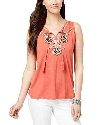 Petite Embroidered Split-Neck Top