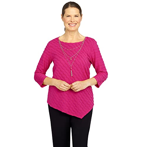 Alfred Dunner Petite Theater District Solid Texture Asymmetrical Hem Top With Removable Necklace