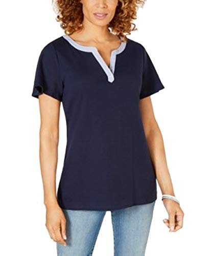 Karen Scott Striped Trim Split Neck Top
