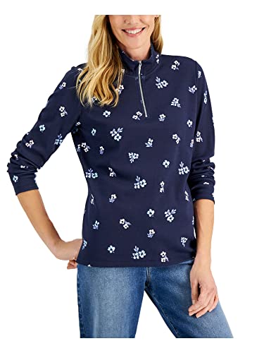 Karen Scott Fleece 1/4 Zip Cotton Blend Floral Long Sleeve Collared Pullover