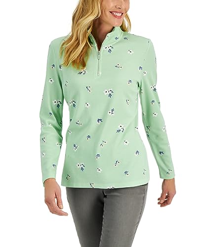 Karen Scott Fleece 1/4 Zip Cotton Blend Floral Long Sleeve Collared Pullover