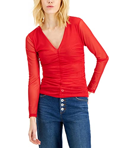 INC International Concepts Ruched Mesh V Neck Top