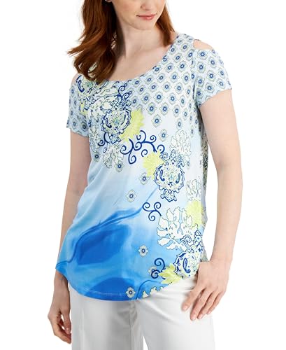JM Collection Womens Printed Cold-Shoulder Top
