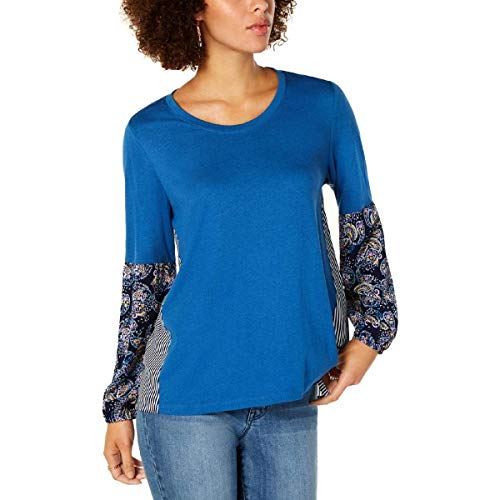 Mixed-Media Blouson-Sleeve Top