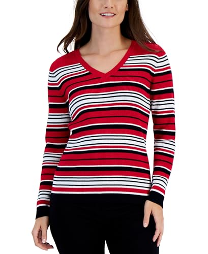 Karen Scott Petite Striped V Neck Sweater