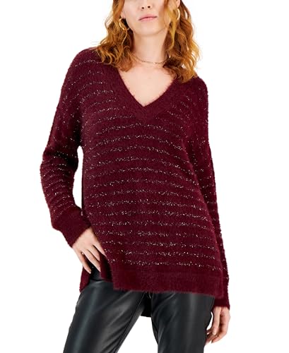 INC International Concepts Womens Fuzzy Oversized Metallic Stripe V Neck Sweater