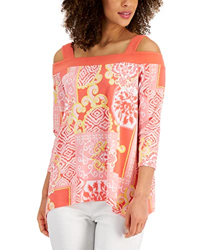 JM Collection Womens Printed Cold-Shoulder Top