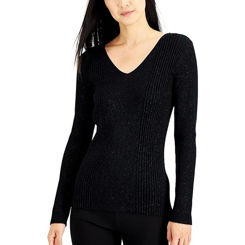 Alfani Womens Metallic Ribbed V Neck Sweater
