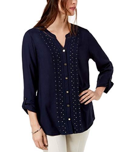 JM Collection Petite Embellished Crochet Front Shirt