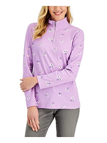 Karen Scott Fleece 1/4 Zip Cotton Blend Floral Long Sleeve Collared Pullover