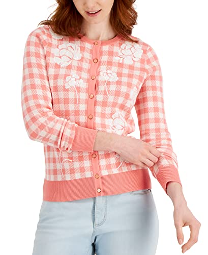 Charter Club Gingham Embroidered Button Cardigan