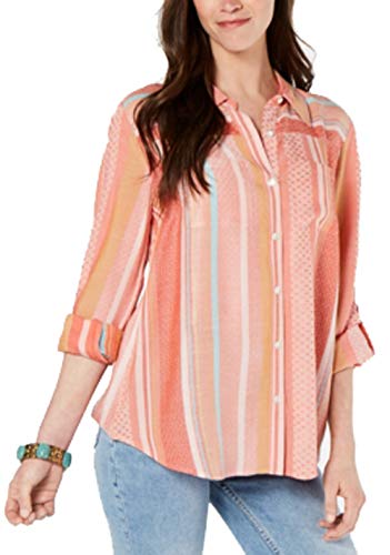 Roll-Tab-Sleeve Striped Top