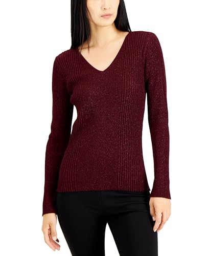 Alfani Womens Metallic Ribbed V Neck Sweater