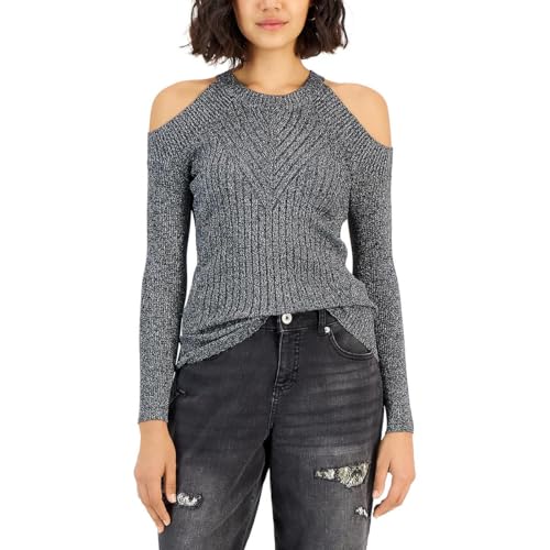 INC International Concepts Petite Cold Shoulder Metallic Knit Sweater