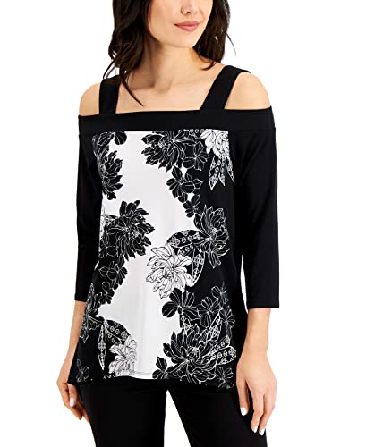 JM Collection Floral Print Cold Shoulder Top