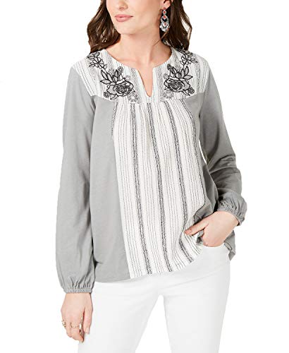 Style & Co Striped Embroidered Split Neck Top