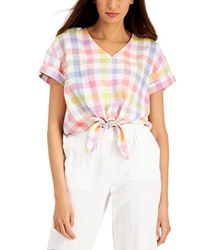 Charter Club Linen Gingham Tie Front Top