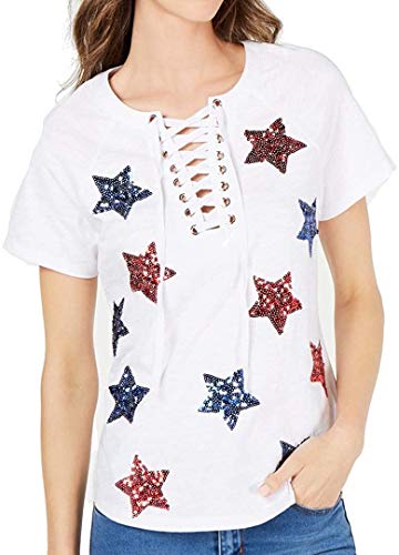 Cotton Sequin Star Lace Up T-Shirt