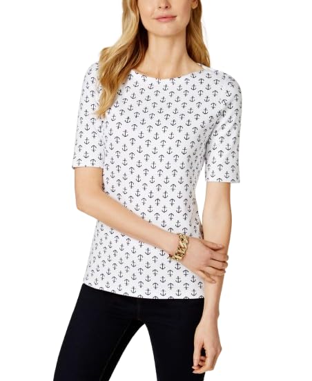 Charter Club Petite Elbow-Sleeve Anchor-Print T-Shirt